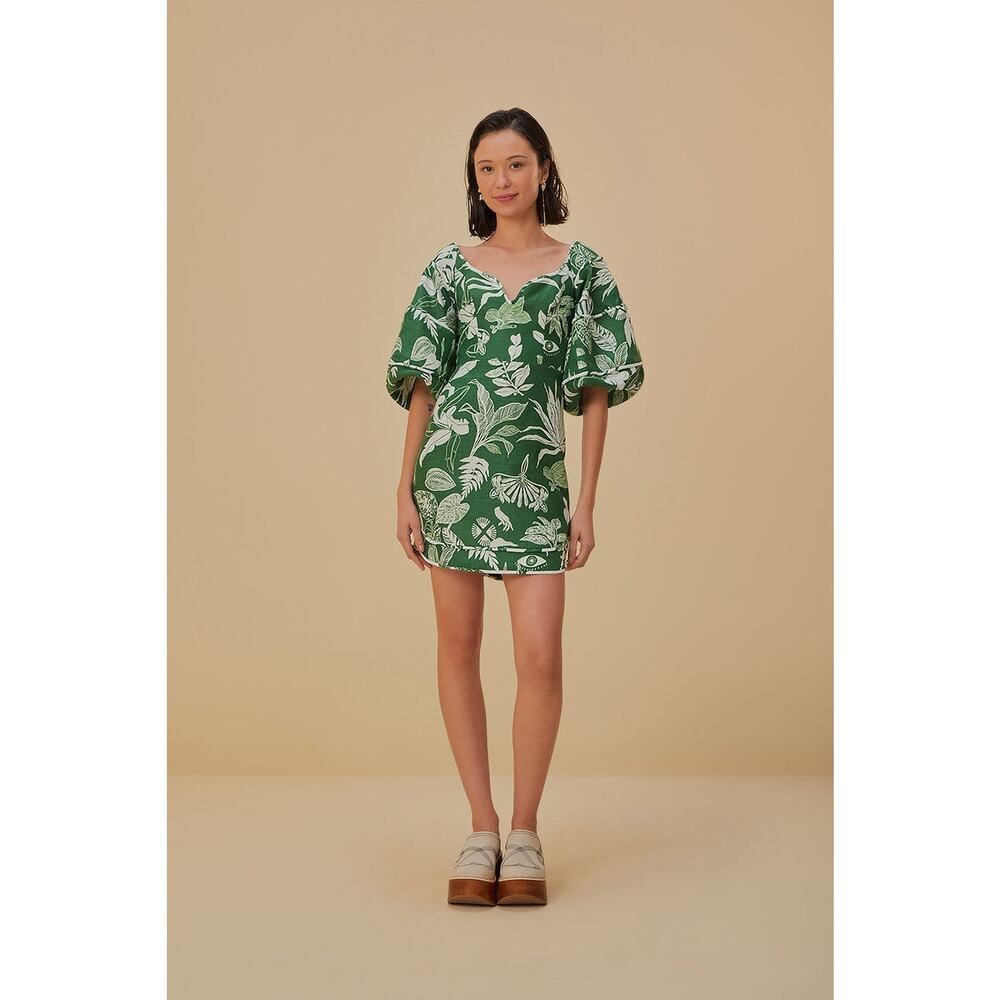 Farm Rio “Forest Soul” Green Linen Puff-Sleeve Mini Dress